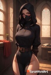 1girls ai_generated assassin belt black_clothing black_dress black_hair blush blushed female female_focus hood indoors inside mask masked masked_female medium_breasts original original_character sarahvividart seductive shiny_skin side_slit solo solo_focus standing thick_thighs thin_waist wide_hips