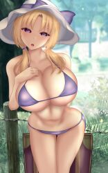 1girls blonde_hair cleavage closed_mouth huge_breasts leaning_forward long_hair looking_at_viewer louise_(touhou) navel purple_bikini purple_eyes shounen_(hogehoge) sidelocks smile solo touhou touhou_(pc-98) variant_set white_hat