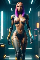 ai_generated breasts cybernetic_arm cybernetic_limb cybernetics cyberpunk cyberpunk_2077 neon_lights sexy_pose vagina