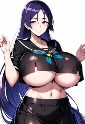 ai_generated big_breasts breast_curtain breast_curtains breasts center_opening fate/grand_order fate_(series) female huge_breasts long_hair minamoto_no_raikou_(fate) minamoto_no_raikou_(fate/grand_order) purple_eyes purple_hair rata_(artist) school_uniform serafuku smile solo