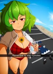 1girls big_breasts bikini blush_lines boobs cirno cleavage cloudykeyz death english_text female_death glass_cup green_hair jacket light-skinned_female mature_female meme open_jacket red_eyes safe_for_work text thick_thighs thighs touhou yuka_kazami yuuka_kazami