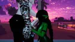 abs big_breasts big_cock big_penis blowjob bruce911 fishnets goblin goblin_female green_skin pointy_ears queenstarvr size_difference sucking sucking_penis sunset tattoo vrchat vrchat_avatar