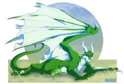 animal_genitalia anthro balls claws dragon genitals green_body green_skin hi_res horn male male_only membrane_(anatomy) membranous_wings ravoilie scalie sheath solo western_dragon wings