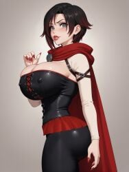 1girls ai_assisted ai_generated ass_implants big_ass bimbo bimboports(ai) breast_implants bubble_butt cape corset female full_body huge_breasts implants lipstick long_fingernails miniskirt nail_polish nipple_bulge red_lipstick rooster_teeth ruby_rose rwby solo