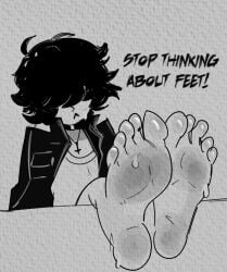 5_toes barefoot bob_cut choker clothing digital_media_(artwork) feet feet_together feet_up female foot_fetish goth goth_girl hair_over_eyes messy_hair original_character rebelrock sketch soles solo sweat sweatdrop sweaty_feet toes