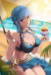 1girls absurdres beach beach_umbrella bikini blue_bikini blue_hair blue_sarong blush breasts cleavage commission female fire_emblem fire_emblem:_three_houses fire_emblem_heroes food highres holding holding_food holding_ice_cream holding_spoon ice_cream large_breasts marianne_von_edmund marianne_von_edmund_(summer) mogumoyu navel ocean official_alternate_costume open_mouth sarong short_hair sitting spoon swimsuit umbrella