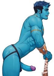 abs ass bara beard_stubble biceps big_penis blue_body blue_skin bulge erection human human_only jasdavi jockstrap male male_only manly muscular_male oni oni_horns oskar_(jasdavi) pecs penis uncensored underwear