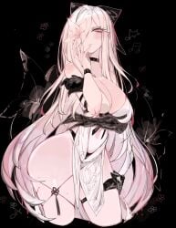 1girl blush blushing drag-on_dragoon drag-on_dragoon_3 drakengard drakengard_3 flower_on_eye holding_breast one_eye_covered prosthetic_arm revealing_clothes slim_waist thick_thighs usa37107692 white_hair zero_(drag-on_dragoon) zero_(drakengard)