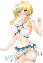 1girls 2d 2d_(artwork) alternate_breast_size alternate_costume belly_button big_breasts bikini_bottom bikini_top blonde_hair blush bra female female_focus female_only flowers flowers_in_hair front_view genshin_impact high_resolution highres light-skinned_female light_skin lumine_(genshin_impact) minatsuki_alumi navel official_alternate_costume short_hair simple_background slim_girl solo solo_female solo_focus standing swimsuit thong thong_bikini two_piece_swimsuit white_background yellow_eyes young younger_female