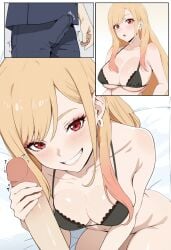 1boy 1girls absurd_res absurdres ai_generated black_bikini blonde_hair camera comic_page erection erection_under_clothes female gojou_wakana human kisou kitagawa_marin male photoshoot red_eyes smile sono_bisque_doll_wa_koi_wo_suru uncensored