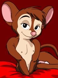 an_american_tail anthro black_eyes brown_body brown_fur brown_hair don_bluth fievel_mousekewitz fur genitals grummancat hair hi_res looking_at_viewer male male_only mammal misleading_thumbnail mouse murid murine nipples nude penis pink_nose red_background rodent simple_background sitting smile solo