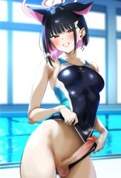 ai_generated animal_ears black_hair blue_archive colored_inner_hair competition_swimsuit erection futa_only futanari gerumusi halo kazusa_(blue_archive) medium_breasts pink_hair poolside precum red_eyes seductive_smile slit_pupils standing swimsuit swimsuit_aside swimsuit_lift testicles