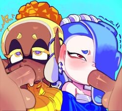 2boys 2girls balls blowjob blue_hair bonne chocolate_and_vanilla dark-skinned_female dark_skin fellatio female female_focus frye_(splatoon) hair_over_one_eye inkling light-skinned_female light_skin octoling penis shiver_(splatoon) splatoon splatoon_(series) splatoon_3 tentacle_hair yellow_hair