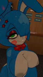 3d bonfie bowtie green_eyes public public_nudity public_transportation solo_female toy_bonfie toy_bonnie_(fnaf) train_interior vrchat