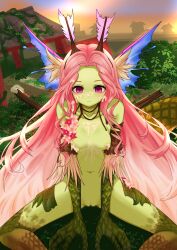 absurdres antennae blush breasts brown_sleeves censored commentary_request completely_nude cum cum_on_body cum_on_breasts cum_on_hair detached_sleeves dungeon_and_fighter expressionless facial feet_out_of_frame female fins flower green_skirt head_fins highres jojyo long_hair looking_down medium_breasts monster_girl mosaic_censoring navel nipples nude outdoors parted_bangs pink_eyes pink_flower pink_hair pussy scales sitting skirt solo spread_legs textless_version tree variant_set very_long_hair white_flower wicked_dragon_nympha