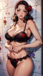 1girls ai_generated belly_button busty busty_female curly_hair daytime deliciousbra dressrosa earrings fanart female female_only flower flower_in_hair gaze goddess inviting_to_sex lingerie lipstick looking_at_viewer one_piece pleasure rose rose_(flower) sexual_tension solo spanish viola_(one_piece) wall zileanbabyaight