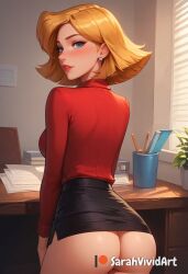 1girls ai_generated ass ass_focus ass_peek black_skirt blonde_hair blue_eyes blush blushed cartoon_network clover_(totally_spies) cowboy_shot female female female_focus from_behind imminent_penetration imminent_sex looking_at_viewer looking_back looking_over_shoulder office office_lady sarahvividart seductive shiny_skin short_hair skirt_lift solo solo_focus totally_spies yellow_hair