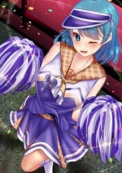 1girls alternate_costume blue_eyes blue_hair breasts cheerleader collarbone full_body kogasa_tatara looking_at_viewer outdoors pom_pom_(cheerleading) shirt shounen_(hogehoge) skirt solo tatara_kogasa tatara_kogasa_(sunshine_praying_umbrella) touhou touhou_lost_word variant_set visor_cap white_socks