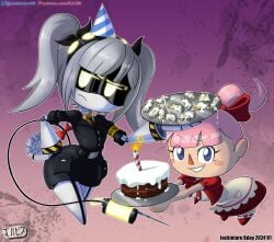 animal_crossing animal_crossing_girl ass birthday blue_eyes bow cake clothed clothing crossover digital_media_(artwork) empanadas fanart glitch_productions grey_hair human j_(murder_drones) jackintaro looking_at_viewer murder_drones nintendo pink_hair ponytail ribbon robot robot_girl simple_background thick_thighs twintails uniform villager_(animal_crossing) yellow_eyes