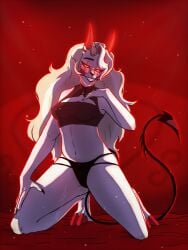 blonde_hair charlie_morningstar_(hazbin_hotel) demon demon_girl demon_horns demon_tail fangs hazbin_hotel hooves red_eyes teasing the_devils_ink