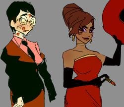 2girls black_hair blush carmen_sandiego carmen_sandiego_(2019) carmen_sandiego_(franchise) chocolate_and_vanilla dazed disheveled disheveled_clothing disheveled_hair dress earrings female female_focus female_only glasses gloves jewelry julia_argent julia_argent_(carmen_sandiego) kiss_mark kiss_mark_on_lips kiss_marks light-skinned_female light_skin lipstick lipstick_mark lipstick_on_face long_hair multiple_girls necklace opera_gloves red_dress red_hat short_hair smile suit suit_and_tie tan-skinned_female tan_skin wholesome yuri