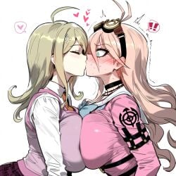 ! !! 2girls ahoge ai_generated akamatsu_kaede blonde_hair blush bow breast_press breast_squeeze breasts_pressed_against_partner breasts_pressed_together choker closed_eyes danganronpa danganronpa_v3 docking female female_only from_side full-face_blush garter_straps goggles_on_head hair_between_eyes heart huge_breasts iruma_miu kissing leaning_forward long_hair looking_at_another medium_hair multiple_girls musical_note_hair_ornament new_danganronpa_v3 serafuku simple_background spoken_heart surprise_kiss surprised sweat sweater trembling wavy_hair white_background wide_eyed yuri