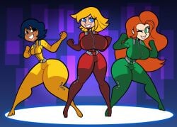 3girls alex_(totally_spies) ass big_ass blonde_hair blue_eyes bodysuit breasts clover_(totally_spies) dark_hair green_eyes huge_breasts jojobrito orange_hair sam_(totally_spies) thick_thighs thunder_thighs totally_spies wide_hips