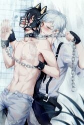 2boys abs animal_ears atsushi_nakajima bishounen black_gloves black_hair black_necktie blush bondage bound bungo_stray_dogs chains collar devil_heavens dog_boy dog_ears fangs fingerless_gloves gay gloves holding leash leash_pull male male/male male_only male_underwear multiple_boys navel necktie nipples orange_eyes original original_character pants saliva shirtless short_hair shower smile smirk suspenders sweat tail tears topless_male underwear wet wet_clothes white_hair yaoi yellow_eyes