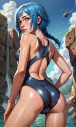 1girls after_bathing ai_generated alternative_costume arcane bangs bare_back bare_shoulders blue_hair braided_ponytail cameltoe covered_nipples detailed_background female freckles grey_eyes hair_ornament hairclip highres horny jinx_(league_of_legends) lake league_of_legends lewd lips looking_back netflix nipples one-piece_swimsuit pale-skinned_female pale_skin petite powder_(arcane) riot_games rocks seductive self_upload shiny_hair shiny_skin short_hair side_braid single_braid solo soplon sweat sweatdrop swimsuit water