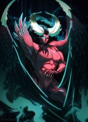 1boy chaos_(warhammer) horns lewdbees_(artist) long_hair_male magnus_the_red muscular_male penis penis_out post-human primarch red_hair red_skin solo_male thousand_sons warhammer_(franchise) warhammer_40k wings