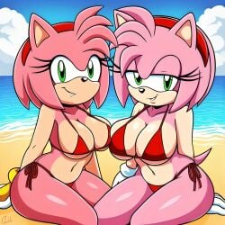 2girls ai_generated alternate_universe amy_rose beach bikini breasts clothed curvy curvy_figure female_only gloves green_eyes hairband happy looking_at_viewer pink_fur red_bikini red_hairband smile smug sonic_(series) sonic_the_hedgehog_(series) square_crossover swimsuit swimwear white_gloves yodayo