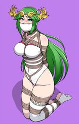 arms_behind_back blush bondage bound crotch_rope desperation feet femsub goddess green_hair jam-orbital kid_icarus kneeling leotard long_hair looking_at_viewer microfoam microfoam_tape navel nintendo palutena pleading pleading_with_her_eyes rope single_sock socks thick_thighs thigh_highs thighs thin_waist tied white_tape wide_hips