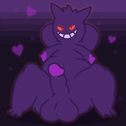 1boy 3_toes anthro anthrofied ass belly big_ass big_belly big_penis big_testicles chubby dark_background erection feet furry gengar ghost glowing_eyes grin half-closed_eyes hands_behind_back hands_behind_head heart huge_testicles laid_back looking_at_viewer male male_only moobs navel nintendo nude obese overweight overweight_male penis pokémon_(species) pokemon pokemon_rgby purple_background purple_fur red_eyes smile smiling_at_viewer source_request spread_legs spreading teeth testicles thewhitelight thick_penis thick_thighs wide_hips