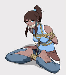 1girls angry avatar_legends bare_shoulders bondage bound clothing dark-skinned_female dark_skin erect_nipples erect_nipples_under_clothes feet female female_protagonist femsub gag gagged jam-orbital korra lotus_position medium_breasts nipple_bulge nipples_visible_through_clothing rope smooth_skin solo solo_female the_avatar the_legend_of_korra tied_up toes water_tribe