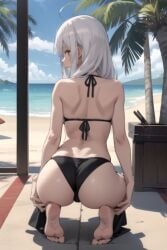 ai_generated ass back_view beach bikini black_bikini elaina_(majo_no_tabitabi) feet kneeling long_hair majo_no_tabitabi palms partially_nude petite white_hair