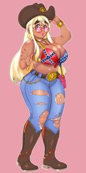 1girls alternate_breast_size alternate_outfit armpits belly belt belt_buckle big_ass bimbo black_eyebrows blonde_hair blue_eyes blue_jeans boots bra breasts chubby cleavage confederate_flag confederate_flag_bikini cowboy_boots cowboy_hat cowgirl cross_necklace dark-skinned_female dark_skin eye_contact farmgirl female flag_bikini glasses gold_jewelry golden_earrings gyaru handbag holding holding_hat holding_object hoop_earrings huge_breasts human human_only jeans k-on! keigi_(artist) kuro_gyaru large_breasts lipstick looking_at_viewer looking_over_eyewear looking_over_glasses looking_over_sunglasses midriff nail_polish nails navel necklace pants pink-tinted_eyewear pink_background pink_glasses pink_lips pink_lipstick pink_nails plump purse ripped_clothing ripped_pants solo southern standing sunglasses tan tan_skin thick_eyebrows thick_lips thick_thighs tinted_eyewear torn_clothes torn_pants tsumugi_kotobuki_(k-on!) wide_hips