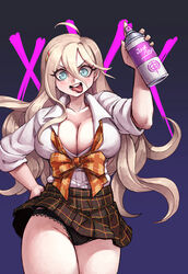 big_breasts black_panties blonde_hair blue_eyes cleavage danganronpa danganronpa_v3 iruma_miu junkpuyo looking_at_viewer open_mouth panties ribbon school_uniform skirt spray_can spray_paint thick_thighs tongue