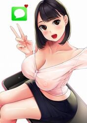 1girls areolae ass big_breasts breasts cleavage clothed female female_only large_breasts looking_at_viewer neko_neko_koneko nipples open_mouth selfie sitting solo v