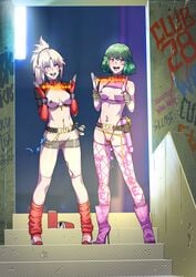 2girls anal_beads bare_shoulders belt blue_eyes boots bracelet breasts breasts_out collar condom condom_packet_strip crossover dildo edit fate/apocrypha fate_(series) fingerless_gloves fishnets full_body g-string green_hair high_heel_boots high_heels innie_pussy long_gloves measuring_with_hands microskirt midriff mordred_(fate) multiple_girls navel_piercing nipple_piercing nipples no_panties open_toe_shoes ponytail prostitution pussy red_eyes revealing_clothes see-through sex_toy size_queen skirt stairs standing stockings tank_top tekuho thong touhou transparent_clothing vibrator waist_chain white_hair yuka_kazami