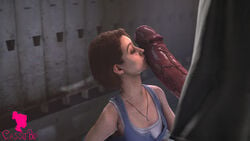 3d brown_hair cassiebip clothed holding_penis huge_cock jill_valentine jill_valentine_(sasha_zotova) kissing_penis looking_at_penis necklace nemesis_(resident_evil) penis_on_face resident_evil resident_evil_3 resident_evil_3_remake tyrant