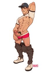 1boy abs armpits bara big_hero_6 bulge disney erection looking_at_viewer male male_focus male_only marvel marvel_comics muscles nipples pants_down pecs penis pubic_hair red_underwear redgart shirt_lift simple_background solo tadashi_hamada underwear