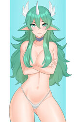 1girls alternate_costume alternate_hair_color alternate_hairstyle animal_ears aori_sora ass_visible_through_thighs blush breasts choker crossed_arms green_eyes green_hair hair_censor hair_over_breasts horn league_of_legends long_hair looking_at_viewer navel panties smile solo soraka star_guardian star_guardian_series star_guardian_soraka topless underwear very_long_hair white_border white_panties wide_hips