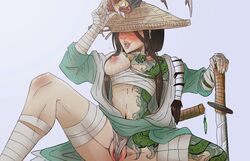 alcohol aramusha asian blush breasts cameltoe drunk for_honor kimono navel nipples pouring pouring_on_self robe rule_63 sake straw_hat sventhcircle sword tattoo wrappings