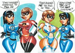 2girls big_breasts black_hair blue_background bodysuit boob_window breasts brown_hair cleavage comic cosplay crossover curvy dialogue disney domino_mask elastigirl erect_nipples fantastic_four female female_only green_background helen_parr huge_breasts human human_only invisible_woman_(cosplay) joe_gravel large_breasts leotard marvel mask midriff mother_and_daughter nipple_bulge panties pixar pokies sketch_card skimpy speech_bubble straight_hair sue_storm_90s_costume superheroine text the_incredibles violet_parr white_background wide_hips