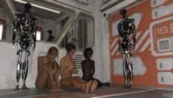 3d 3girls ankle_cuffs arms_behind_back barefoot bondage borg137 breasts captured cuffs dark-skinned_female dark_skin feet female femsub multiple_females multiple_subs nude robot rope science_fiction soles wrist_cuffs