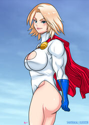 1girls abs alternate_breast_size big_breasts bodysuit breasts cape cleavage clothed dc deviantart elee0228 female female_only gloves karen_starr large_breasts looking_at_viewer muscular muscular_female pose power_girl shayeragal side_view solo standing text thick_thighs watermark