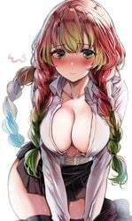 1girls bangs beauty_mark belt blush braided_hair breasts cleavage_cutout closed_mouth curvy demon_slayer female green_eyes green_hair hair kanroji_mitsuri kimetsu_no_yaiba large_breasts leaning_forward long_hair looking_at_viewer miniskirt open_shirt sak_(lemondisk) solo sweat thick_thighs thighhighs wet wide_hips