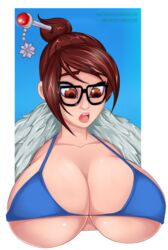 ange1witch big_breasts bikini_top breasts brown_eyes brown_hair female female_only fourth_wall glasses hair_ornament huge_breasts mei_(overwatch) overwatch pop_out solo