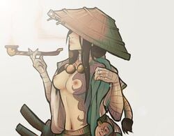 aramusha asian black_hair breasts_out for_honor hand_wraps kimono kiseru long_hair necklace robe rule_63 smoking straw_hat sventhcircle tagme tattoo