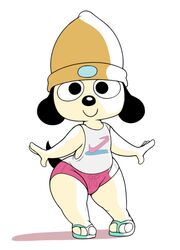 2018 acstlu anthro beanie bottomwear canid canine chubby clothing cute digital_media_(artwork) footwear girly hat headgear headwear hotpants looking_at_viewer male male_only mammal no_humans parappa parappa_da_rappa parappa_the_rapper sandals shorts simple_background smile solo sony_corporation sony_interactive_entertainment standing video_games white_background wide_hips